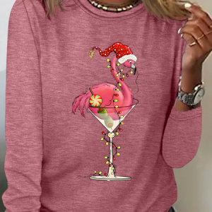 Christmas Flamingo Casual Long Sleeve Shirt, Long sleeves, Lilicloth.com