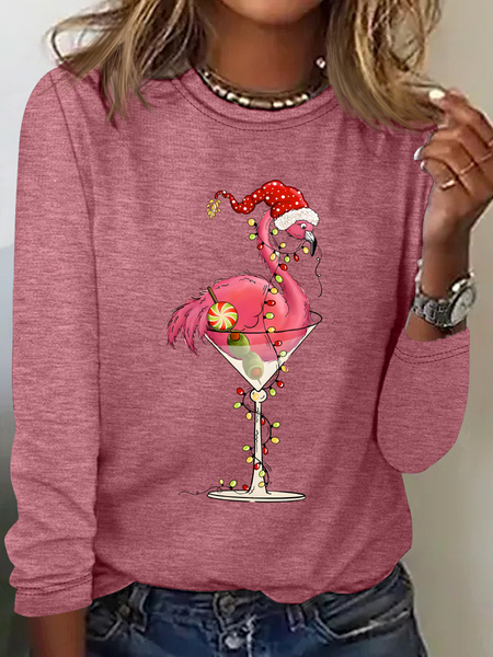 Christmas Flamingo Casual Long Sleeve Shirt, Long sleeves, Lilicloth.com