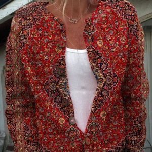 Women Nationality/ethnic Long Sleeve Comfy Casual Buttoned Cardigan, Cardigans, color:Red|size:3XL, catalog Noracora shop