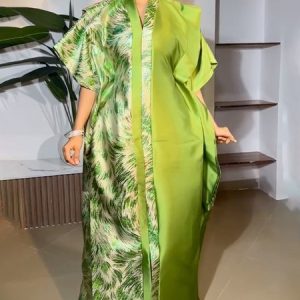 Elegant Random Print Loosen V Neck Maxi Party Dress, Maxi Dresses, color:Green|size:XXL, Stylewe
