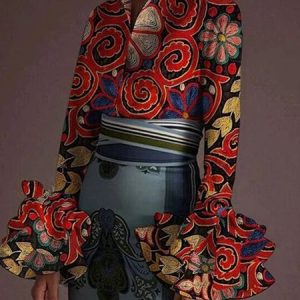 Peplum Plain Shirt Collar Elegant Ruffle Sleeve Shirt, Blouses and Shirts, color:Red|size:XXL, Stylewe
