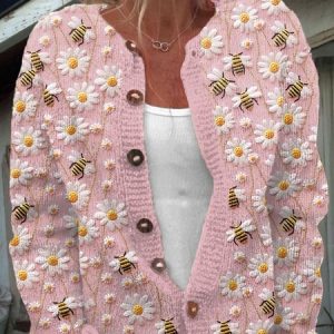Women Knitted Plants Long Sleeve Comfy Casual Cardigan, Cardigans, color:Pink|size:5XL, catalog Noracora shop