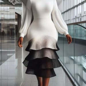 Elegant Split Joint Balloon Sleeve Mermaid Skirt Midi Dress, Midi Dresses, color:Black-white|size:XXL, Stylewe