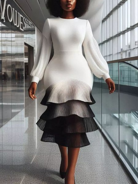 Elegant Split Joint Balloon Sleeve Mermaid Skirt Midi Dress, Midi Dresses, color:Black-white|size:XXL, Stylewe
