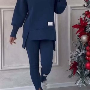 Women Plain Crew Neck Long Sleeve Comfy Casual Top With Pants Two-Piece Set, Sets, color:Blue|size:5XL, catalog Noracora shop