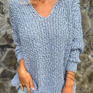 Women Yarn/Wool Yarn Plain Long Sleeve Comfy Casual Sweater, Sweaters, color:Blue|size:3XL, catalog Noracora shop