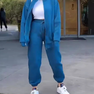 Women Plain Long Sleeve Comfy Casual Coat With Pants Two-Piece Set, Sets, color:Blue|size:5XL, catalog Noracora shop