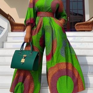 Vacation Balloon Sleeve Abstract Polka Dots Crew Neck Jumpsuit With Belt, Jumpsuits, color:Green|size:XXL, Stylewe