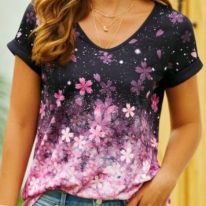 Casual V Neck Floral T-Shirt, T-shirts, color:Black|size:XXL, catalog Noracora shop