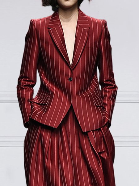 Lapel Collar Stripe Pocket Urban Blazer, Blazers, color:Red|size:XXL, Stylewe