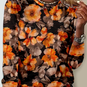 Casual Floral Crew Neck Long Sleeve T-shirt, T-shirts, color:Orange|size:4XL, catalog Noracora shop