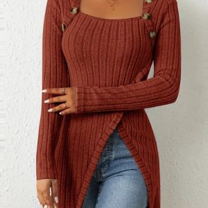 Crew Neck Long Sleeve Plain Regular Loose Blouse For Women, Blouses, color:Coffee|size:XL, catalog Noracora shop