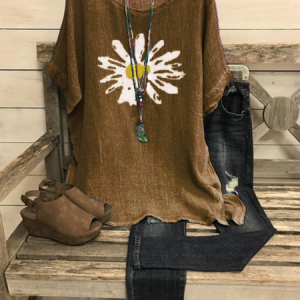 Vintage Daisy Printed Top, Tops, color:Brown|size:3XL, catalog Noracora shop