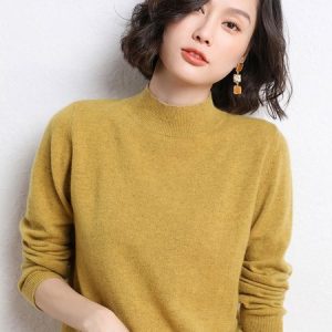 Women Yarn/Wool Yarn Plain Long Sleeve Comfy Casual Sweater, Sweaters, color:Yellow|size:XXL, catalog Noracora shop