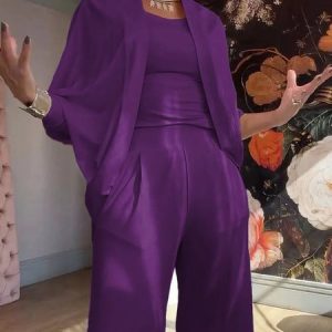 Women Plain V Neck Long Sleeve Comfy Casual Matching Outfit, Sets, color:Purple|size:XXL, catalog Noracora shop