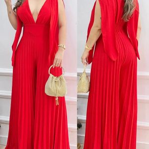 V-Neck Split Sleeve Cinched Waisted Jumpsuit Pleated Wide Leg Romper, women Jumpsuits, ChicMe catalog