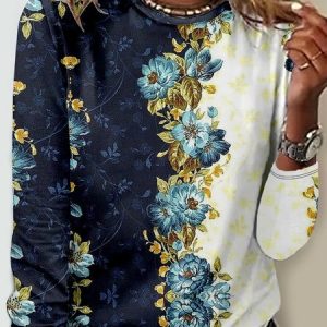 Loose Jersey Floral Casual T-Shirt, Long sleeves, Lilicloth.com