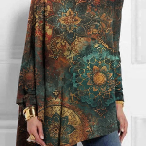 Women Ethnic Long Sleeve Blouse Spring/Fall Crew Neck Daily Casual Top, JustFashionNow Shirts, color:Green|size:3XL,