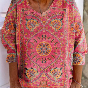 Casual Floral Crew Neck Long Sleeve T-shirt, T-shirts, color:Red|size:4XL, catalog Noracora shop