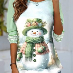 Casual Christmas Snowman Crew Neck Long Sleeve T-shirt, Blouses, color:Green|size:XXL, catalog Noracora shop