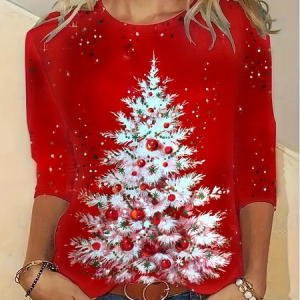 Casual Christmas Tree Crew Neck Long Sleeve T-shirt, Blouses, color:Red|size:XXL, catalog Noracora shop