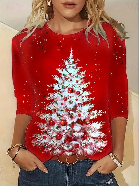 Women's Long Sleeve Tee T-shirt Spring/Fall Christmas Tree Printing Jersey Crew Neck Holiday Going Out Casual Top, JustFashionNow T-Shirts, color:Red|size:XXL,
