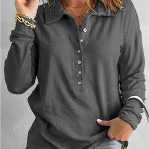 Shawl Collar Long Sleeve Plain Regular Micro-Elasticity Loose Blouse For Women, Blouses, color:Gray|size:5XL, catalog Noracora shop