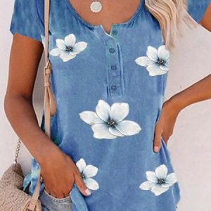 Floral Blue Crew Neck Loose Buttoned Cotton Blend Short Sleeve Casual T-Shirt, T-shirts, color:flower|size:XXL, catalog Noracora shop