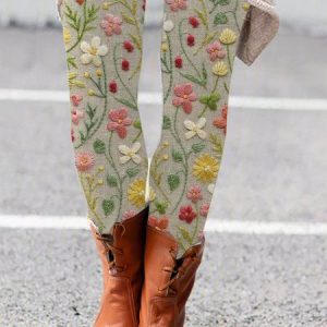 Women Vintage Floral Printing Long Leggings, Leggings, color:Beige|size:XXL, catalog Noracora shop