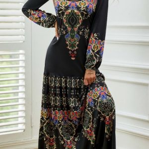 Women Floral Summer Casual Natural Lightweight Micro-Elasticity Fit Crew Neck H-Line Dress, Maxi, color:Black|size:XXL, catalog Noracora shop