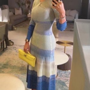 Elegant Turtleneck Color Block Sweater Maxi Dress, Maxi Dresses, color:Blue|size:XXL, Stylewe