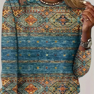 Casual Ethnic Crew Neck Loose T-Shirt, Long sleeves, Lilicloth.com