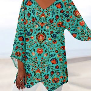 V Neck Long Sleeve Paisley Irregular Craftsmanship Regular Loose TUNIC Blouse For Women, Blouses, color:Cyan|size:4XL, catalog Noracora shop