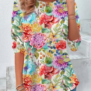 Casual Floral Pattern Crew Neck Long Sleeve T-shirt, Blouses, color:Red|size:XXL, catalog Noracora shop