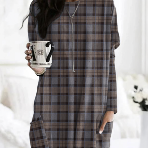 Retro checkered pattern casual long T-shirt, Long sleeves, Lilicloth.com