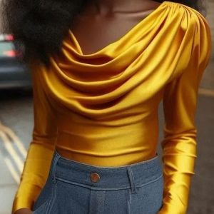 Regular Fit Urban Plain Cowl Neck Blouse, Blouses and Shirts, color:As Picture|size:XXL, Stylewe