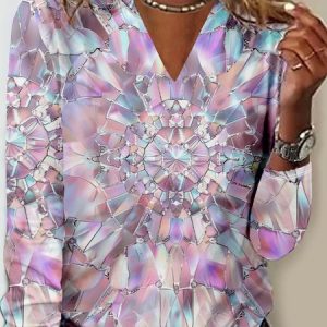 Casual Geometric Sequins Pattern V Neck Long Sleeve T-shirt, T-shirts, color:Pink|size:XXL, catalog Noracora shop