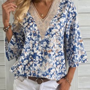 V Neck Casual Random Print Blouses, Blouses, color:Red-Blue|size:XXL, catalog Noracora shop