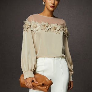 Elegant Balloon Sleeve 3D Floral Blouse, Blouses and Shirts, color:As Picture|size:XXL, Stylewe