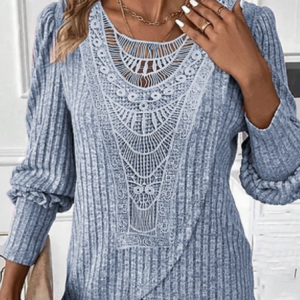 Women Casual Crew Neck Long Sleeve Plain Lace Blouse, Blouses, color:Light Blue|size:XL, catalog Noracora shop