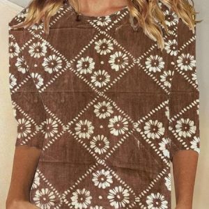 Casual Ethnic Crew Neck Long Sleeve T-shirt, T-shirts, color:Brown|size:XXL, catalog Noracora shop