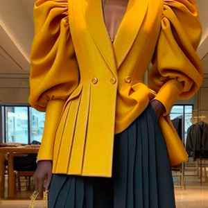 Buttoned Urban Pleated Balloon Sleeve Blazer, Blazers, color:Yellow|size:XXL, Stylewe