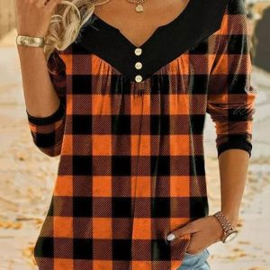Notched Long Sleeve Plaid Regular Micro-Elasticity Loose Blouse For Women, Blouses, color:Orange|size:XXL, catalog Noracora shop