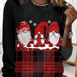 Women's Long Sleeve Tee T-shirt Spring/Fall Plaid Jersey Crew Neck Holiday Going Out Casual Top, JustFashionNow T-Shirts, color:Black|size:XXL,