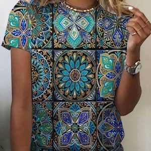 Casual Ethnic Crew Neck Short Sleeve T-shirt, T-shirts, color:Blue|size:XXL, catalog Noracora shop