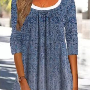 Crew Neck Long Sleeve Ethnic Regular Micro-Elasticity Loose Blouse For Women, Blouses, color:Navyblue|size:3XL, catalog Noracora shop
