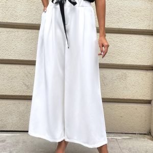 Casual Elegant Belt Contrasting Color Decoration Diagonal Pocket Casual Wide-leg Pants, Pants, color:White|size:XXL, catalog Noracora shop