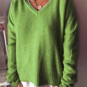 Women Yarn/Wool Yarn Plain Long Sleeve Comfy Casual Sweater, Sweaters, color:Green|size:3XL, catalog Noracora shop
