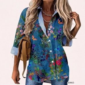 Shirt Collar Long Sleeve Floral Regular Loose Shirt For Women, Shirts, color:Blue|size:4XL, catalog Noracora shop