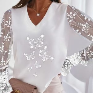 V Neck Long Sleeve Skull Lace Regular Loose Blouse For Women, Blouses, color:Color5|size:3XL, catalog Noracora shop